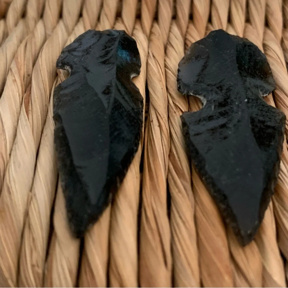 2 Black Obsidian Arrowheads Points Hand Knapped Dragon Glass Arrowhead Set 1.7